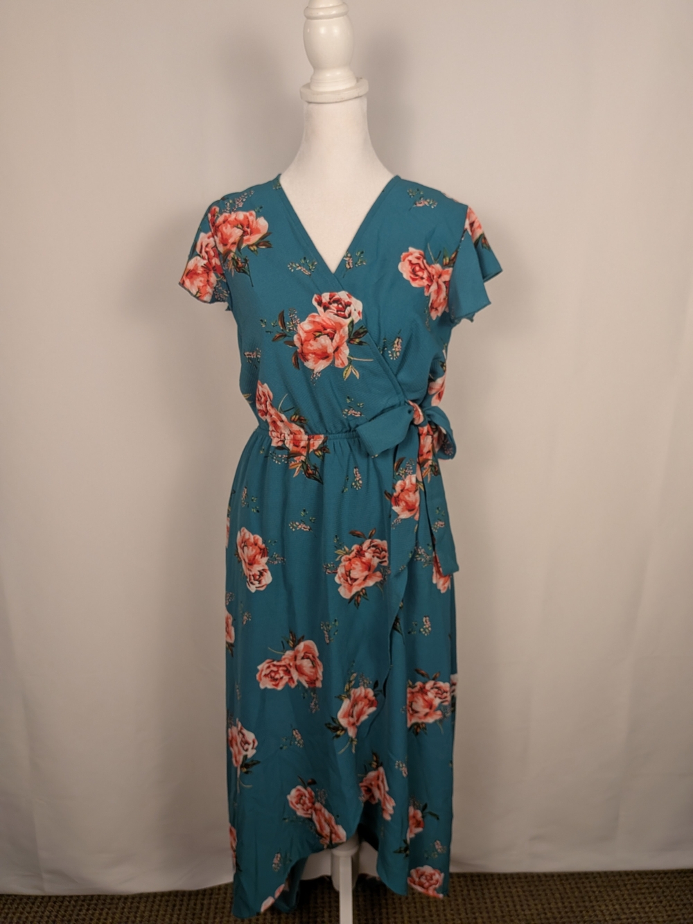 Dream of Me Floral Teal Wrap Midi Dress with Tie Waist, size S